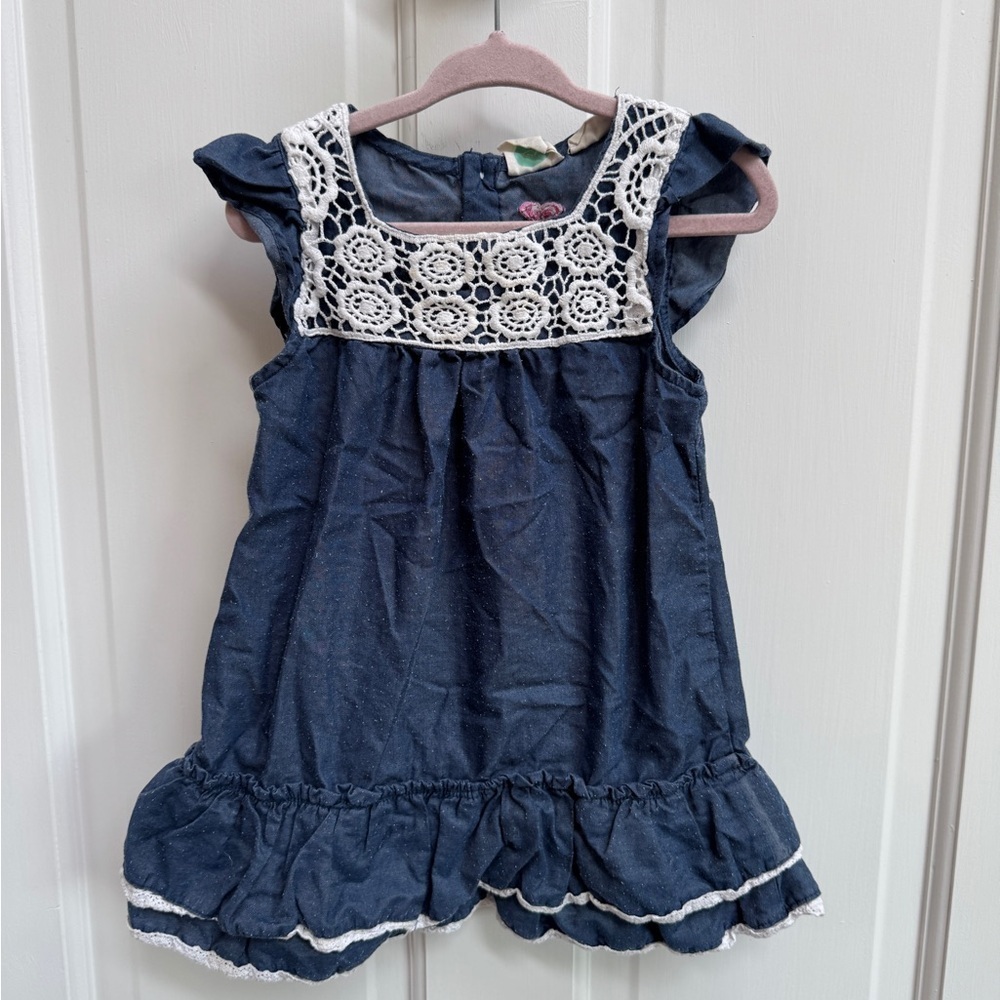 Roxy 3T Blue and White Ruffled Dress with Flutter Sleeves